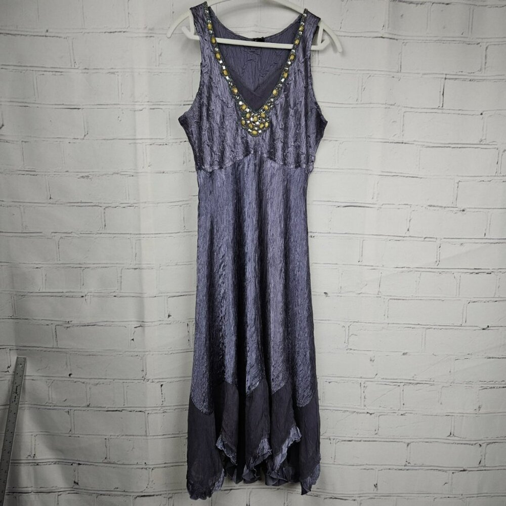 Komarov XL Beaded V-Neck Fairy Crinkle Dress Purple Satin Handkerchief Midi - Picture 2 of 13